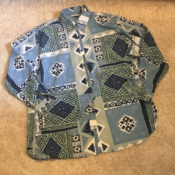 Vintage 90s Meandering Patchwork Button Up Dress Shirt - Picture 11 of 16